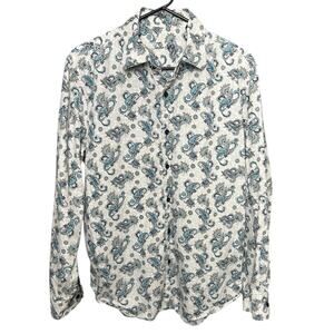 Tasso Elba White & Teal Paisley Long Sleeve Button Front Shirt Size - L